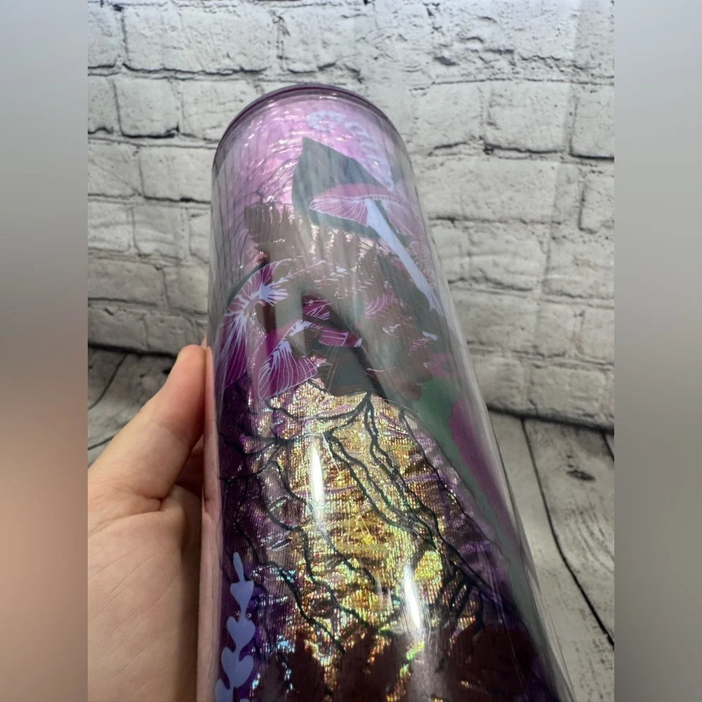 Starbucks Purple and Green Iridescent Foil Mushroom Tumbler with Straw